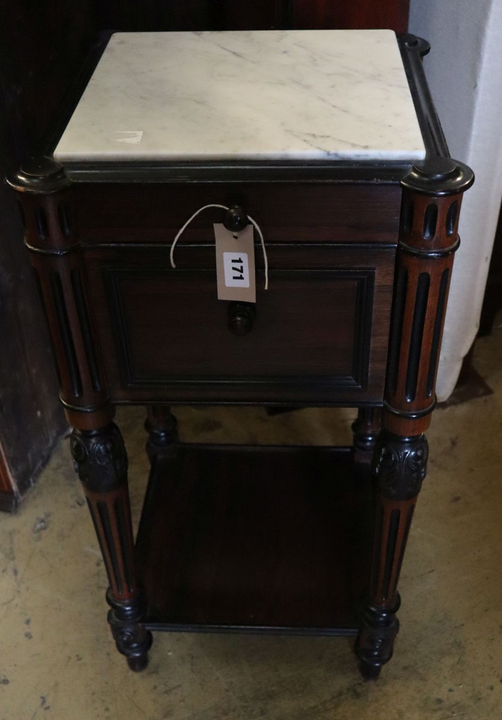 A late 19th century French rosewood marble topped two tier bedside cabinet, width 39cm depth 38cm height 77cm
